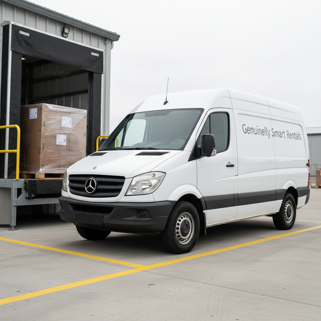 A clean white cargo van branded discreetly with “Genuinely Smart Rentals” in understated dark gray lettering, parked beside a small warehouse-style loading bay with a raised metal dock and neatly stacked, sealed cardboard boxes on a pallet jack. Overcast daylight creates soft, shadow-free illumination that emphasizes the van’s smooth panels and unblemished paint. The concrete ground is dry and spotless, with crisp yellow safety lines. Photographed from a three-quarter front angle at eye level, the van dominates the frame while the loading bay provides subtle context in moderate focus. The atmosphere is practical, dependable, and business-oriented, with realistic photographic detail highlighting commercial rental capabilities and professional logistics support.