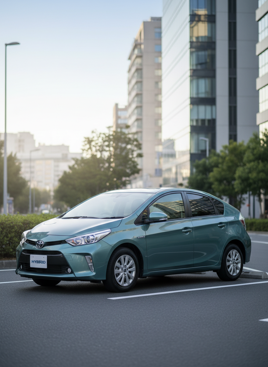 A compact, fuel-efficient hybrid rental car in a muted metallic teal color positioned at the edge of an urban street, with modern mid-rise buildings and neatly maintained roadside greenery in the softly blurred background. The car is angled three-quarters toward the camera, its aerodynamic lines and eco-badge on the rear clearly visible. Soft morning sunlight creates delicate reflections along the bodywork and windshield, suggesting the start of a new day’s journey. The clean asphalt and freshly painted parking lines reinforce order and reliability. Captured from a slightly elevated angle with shallow depth of field, the vehicle remains the clear focal point. The style is crisp photographic realism with a calm, forward-thinking atmosphere, emphasizing smart, economical rental choices for city driving.