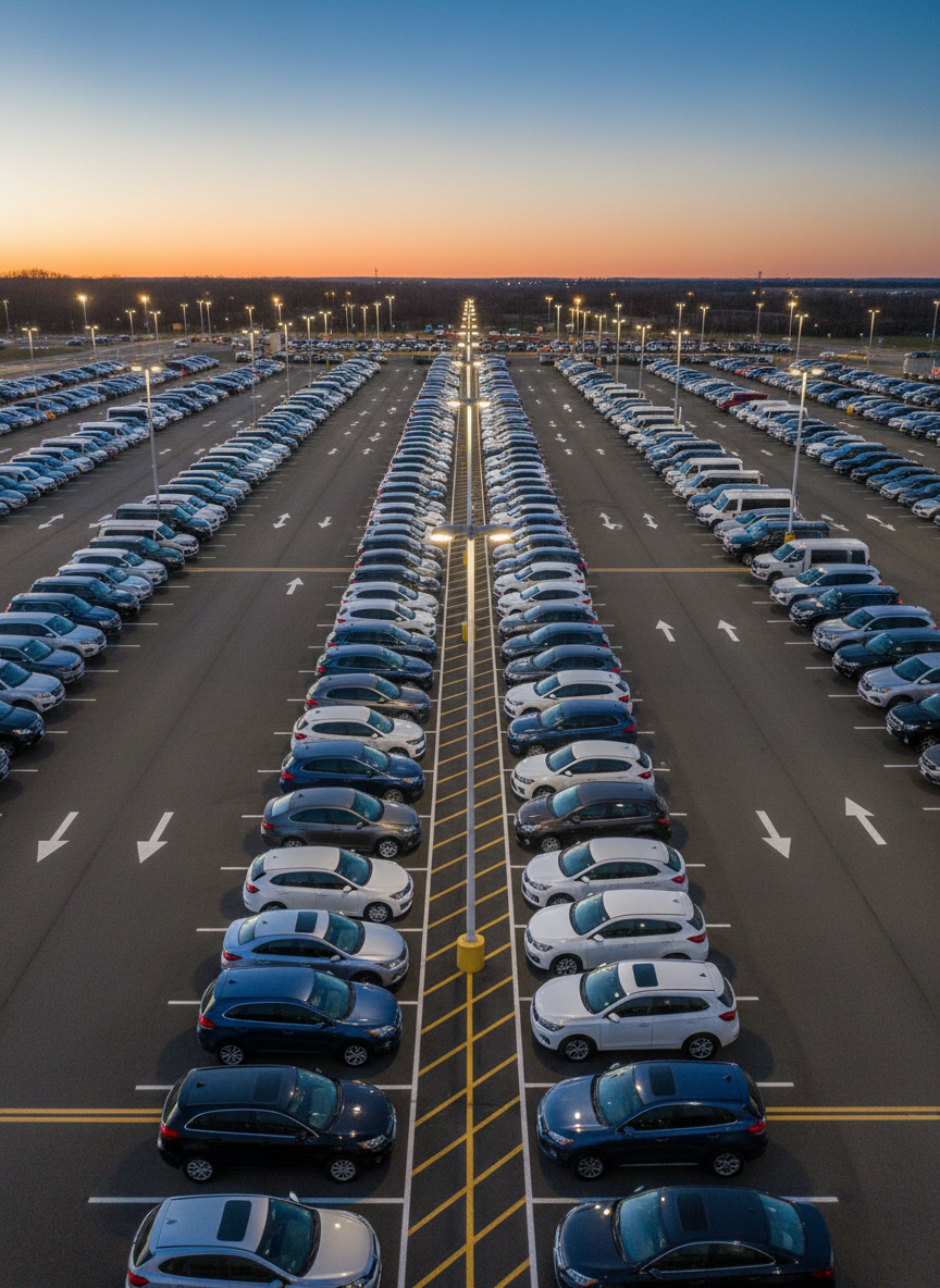 A bird’s-eye view of a well-organized rental lot at dusk, with neat rows of sedans, SUVs, and vans arranged by category, each vehicle uniformly aligned and shining under evenly spaced, warm-white LED lot lights. Faint reflections of the lights stretch across the car roofs and windshields, while clearly painted lane markings and directional arrows guide the eye through the frame. The sky holds a soft blue gradient with the last hint of daylight on the horizon. Shot with a wide-angle lens from above, the entire lot is in sharp focus, showcasing scale and order. The mood is secure and efficient, rendered in photographic realism with a clean, professional aesthetic that communicates reliability and exceptional service.