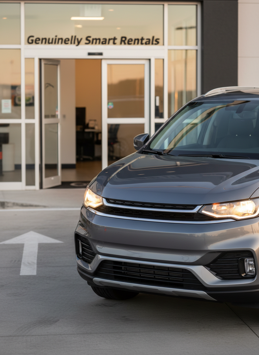 A close-up, three-quarter front view of a gleaming dark gray mid-size SUV positioned at the entrance of a modern rental facility, with automatic glass doors and subtle, tasteful signage reading “Genuinely Smart Rentals.” The SUV’s LED headlights and chrome accents catch the warm golden-hour light, producing soft highlights along its hood and mirrors. The concrete entryway is spotless, with neatly painted directional arrows leading into the lot. Photographed from a slightly low angle with the building in soft focus, the vehicle appears confident and ready for any journey. The atmosphere is professional yet inviting, rendered in crisp photographic realism with a clean, modern tone that conveys reliability and premium service.