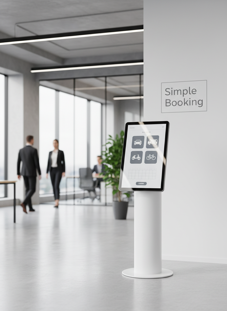 A sleek, minimalistic rental kiosk station inside a bright, contemporary office, featuring a large, ultra-thin touchscreen mounted on a clean white pedestal beside a wall with a subtle “Simple Booking” graphic. The screen displays an easy-to-follow booking interface with large icons of different vehicle types. Natural daylight from floor-to-ceiling windows combines with soft overhead LED lighting, producing even illumination and faint reflections on the glass screen. The polished light-gray floor and uncluttered surroundings underline efficiency and clarity. Captured at eye level with a centered composition and moderate depth of field, the kiosk is in sharp focus while the background office space is gently blurred. The mood is calm, highly professional, and tech-forward, emphasizing a streamlined rental process in realistic photographic detail.