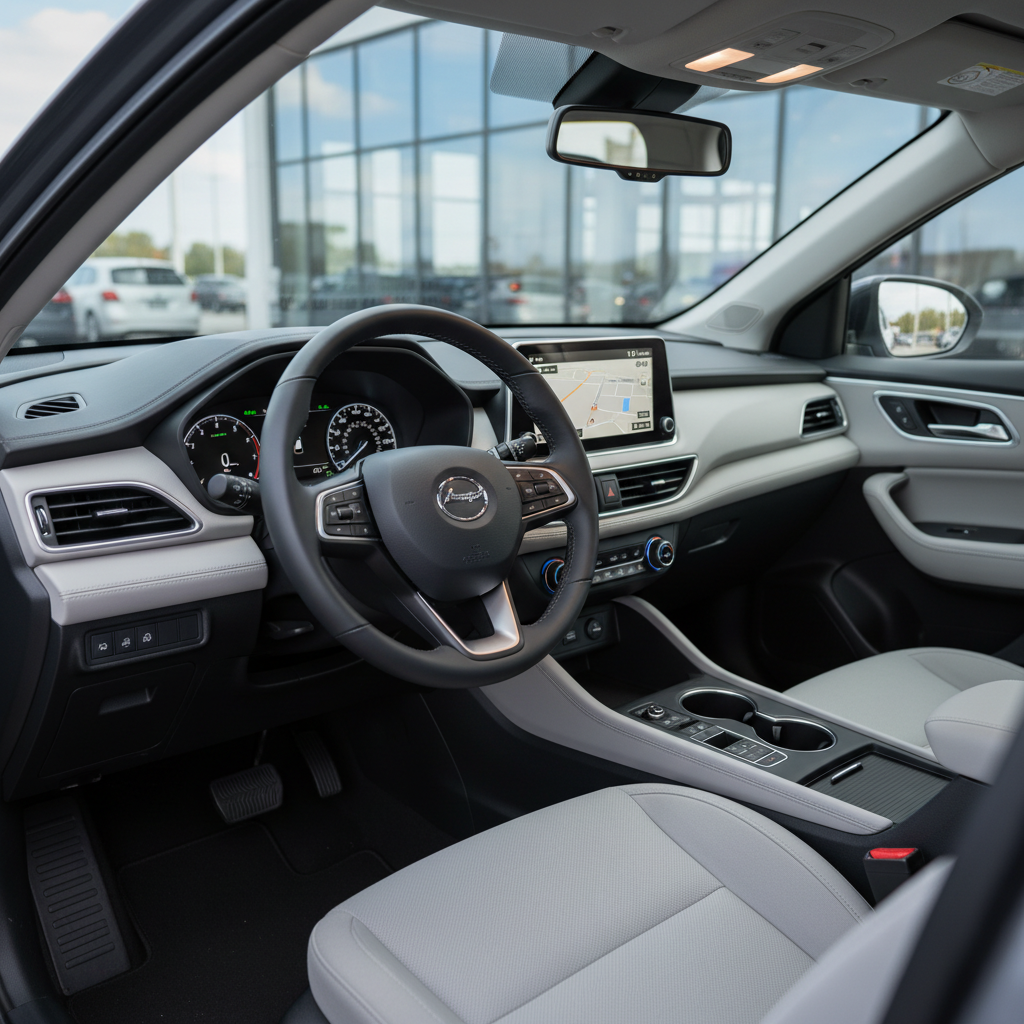 The interior of a pristine, well-maintained rental car captured from the open driver’s door, showcasing a black leather-wrapped steering wheel, neatly illuminated digital dashboard, and spotless gray fabric seats. The center console displays a clear navigation screen with a simple, intuitive interface. Soft, diffused daylight filters through the windows, creating gentle reflections on brushed metal trim and highlighting dust-free surfaces. In the background, blurred hints of a modern rental facility and other vehicles are visible through the windshield. Shot from a slightly elevated angle toward the front cabin, with a shallow depth of field emphasizing cleanliness and comfort. The photographic style is realistic and minimal, evoking professionalism, ease of use, and a seamless rental experience.
