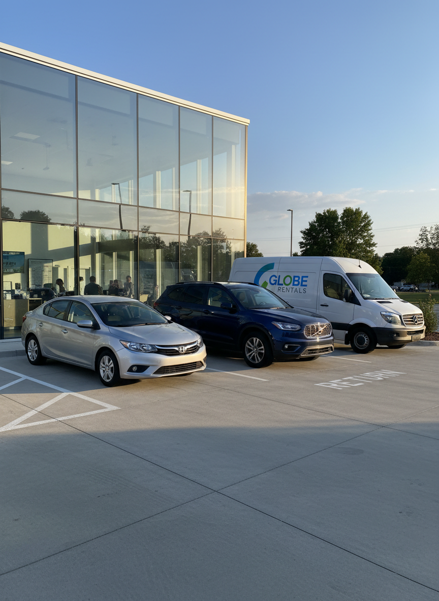 A lineup of three late-model rental vehicles—a compact silver sedan, a deep blue SUV, and a white cargo van with subtle branding—parked in a meticulously clean, well-marked lot outside a modern rental office. The glass-front building reflects a clear blue sky and distant trees. Soft afternoon sunlight creates crisp, professional shadows and gentle highlights on the vehicles’ polished bodies, emphasizing reliability and cleanliness. Photographed at eye level with a slight wide-angle lens, all vehicles are in sharp focus, with the office slightly blurred behind. The mood is professional, trustworthy, and efficient, with a photographic realism and clean, modern aesthetic that communicates simple booking and dependable service.