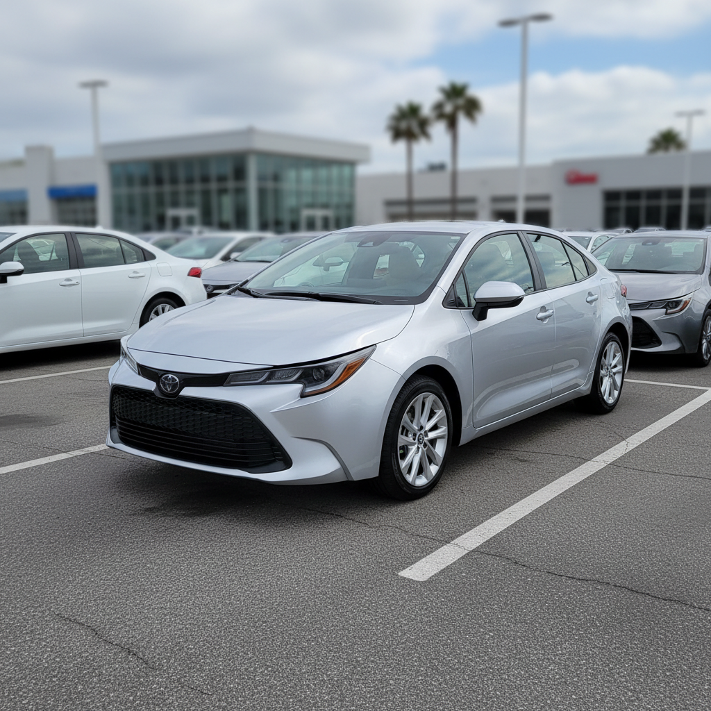 Realistic square photo of a clean 2026 Toyota Corolla–style compact sedan in white or light silver, parked at a modern rental lot with simple striping, no visible manufacturer logos or badges, daytime soft sunlight, professional car-rental listing style, background softly blurred.