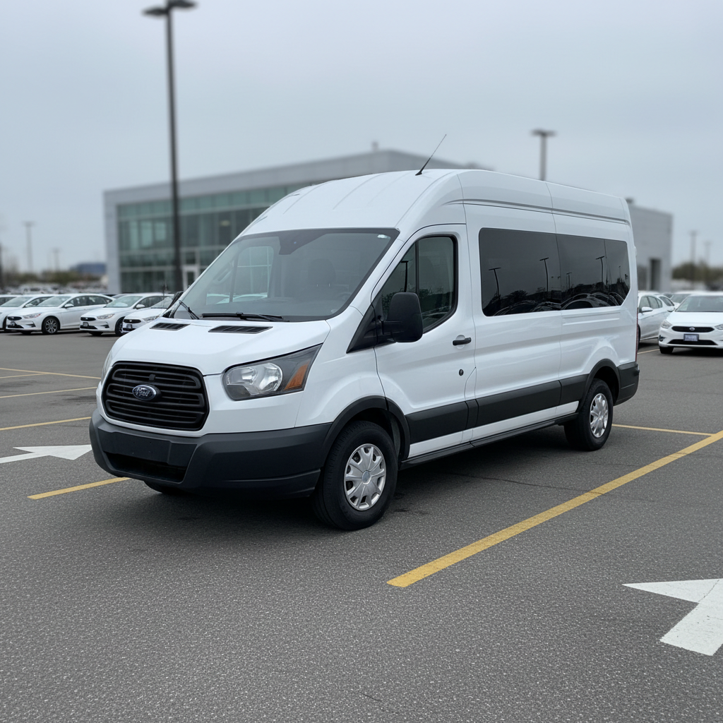 Realistic square photo of a clean white or silver 2026 Ford Transit 15-passenger van parked in a well-marked rental lot, slightly angled three-quarter front view, no visible manufacturer logos or badges, soft daytime light, professional car-rental listing style, background softly blurred.