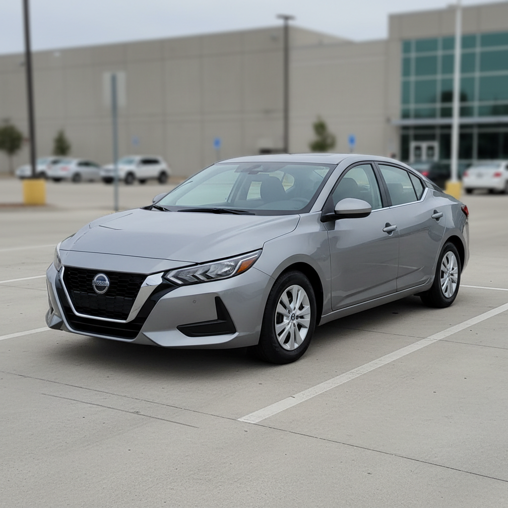Realistic square photo of a clean 2025 Nissan Sentra–style compact sedan in a neutral color, parked in a modern rental lot with simple white striping, no visible manufacturer logos or badges, soft daytime light, professional car-rental listing style, background softly blurred.