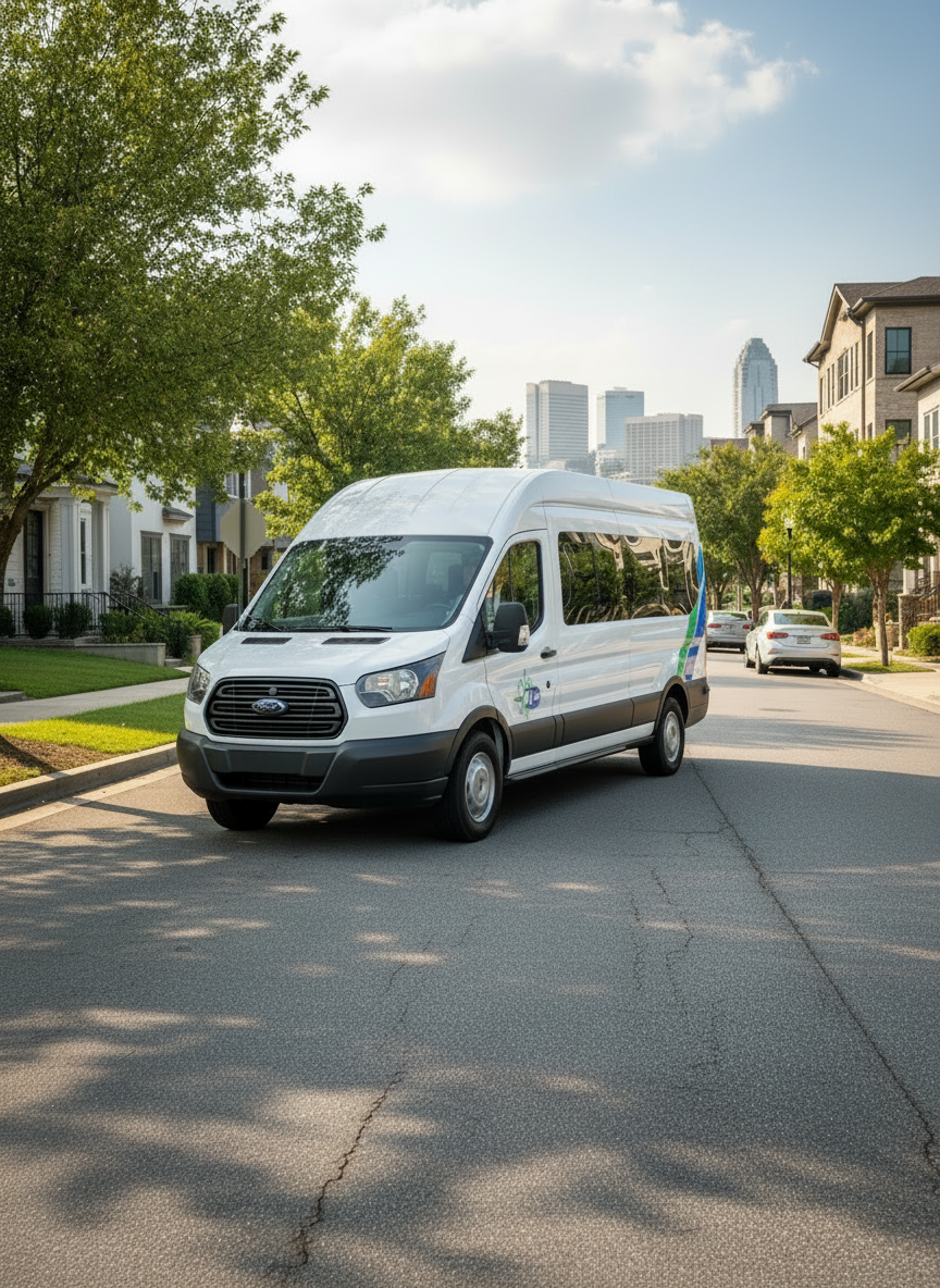 Photo-realistic 2026 Ford Transit 15-passenger van in bright daylight, parked curbside on a clean city street in Columbus, GA, subtle local rental company branding on the side, focus on the length of the van and passenger doors, no people, professional commercial photography